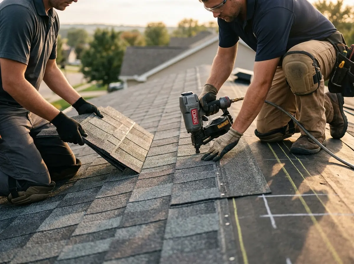 Professional roofer working on a residential roof in Doral